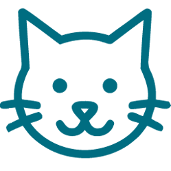 Line drawing of a cat's face with pointy ears and whiskers.