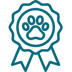 An award ribbon with a paw print in the center, symbolizing excellence in pet or animal-related achievements.
