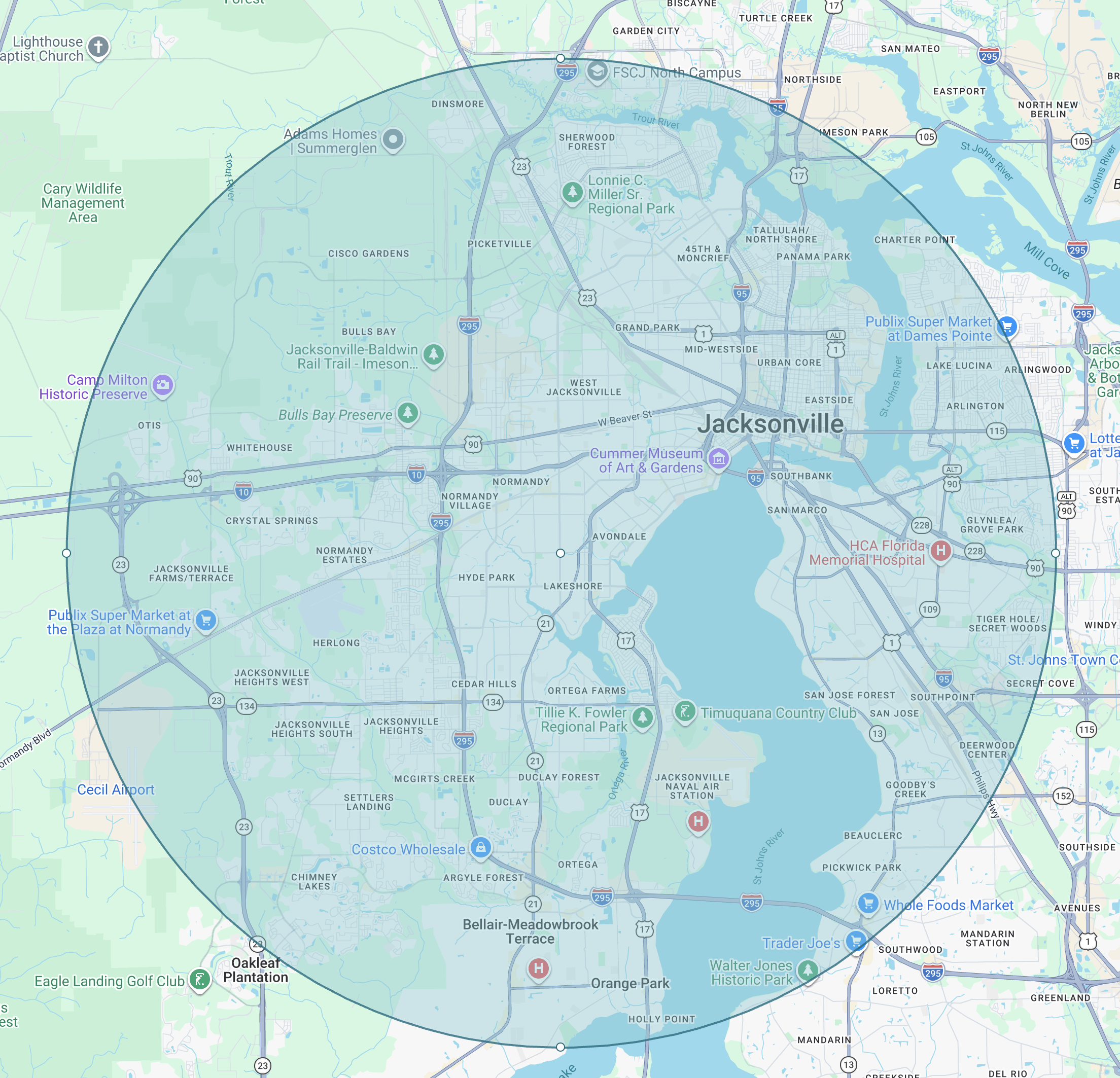 Map of Jacksonville, Florida with a highlighted service area.