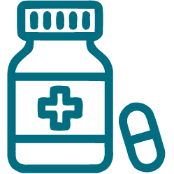 Illustration of a medicine bottle with a cross symbol and a capsule pill beside it.