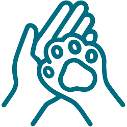 Outline of a human hand and a paw print, symbolizing connection or support between humans and animals.