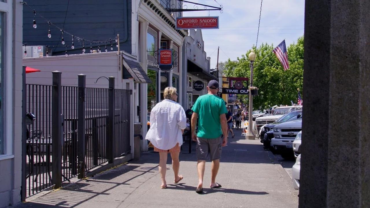 People walking on a downtown sidewalk with storefronts, trees, parking meters, and cars parked along the street on a sunny day.