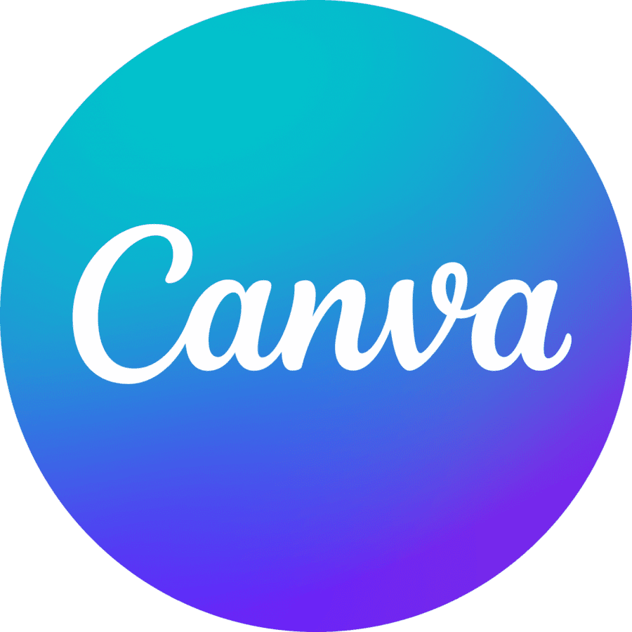 Circular logo with a gradient background transitioning from teal at the top to blue and purple at the bottom, featuring the white cursive text 'Canva' in the center.