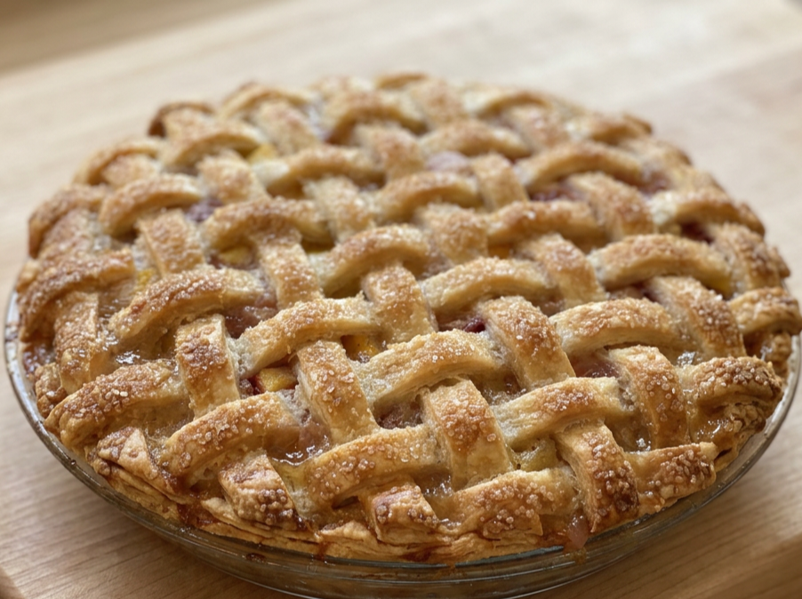 Fresh apple pie with a golden lattice crust on a wooden surface.