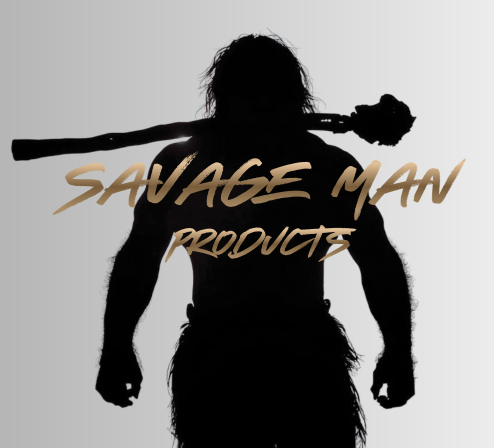 Silhouette of a muscular man holding a club over his shoulder against a gray background with the text 'SAVAGE MAN PRODUCTS' overlayed.