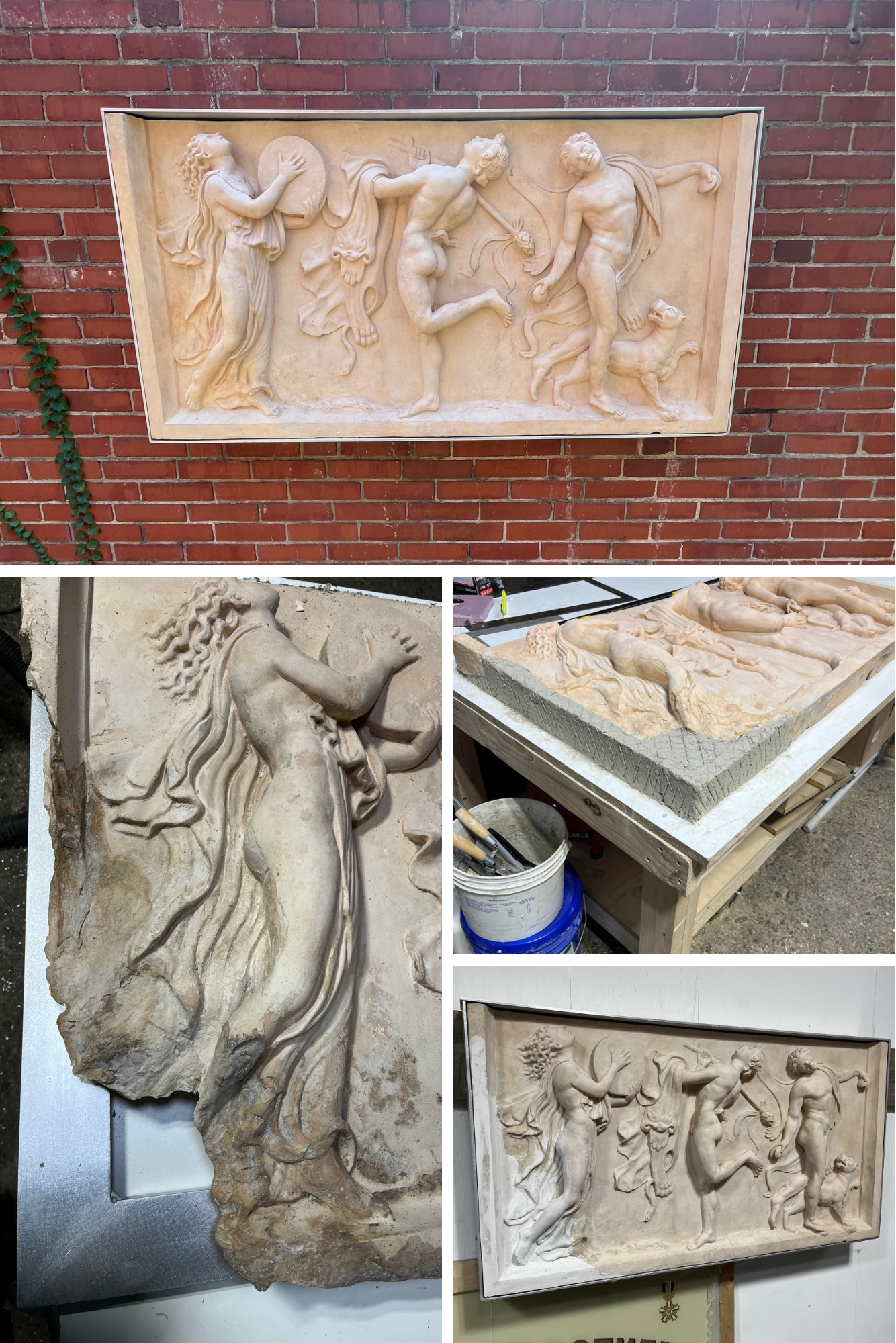 A relief sculpture depicting a mythological scene with several human figures and a lion, currently in the process of being carved from stone, with tools and workbenches visible nearby.