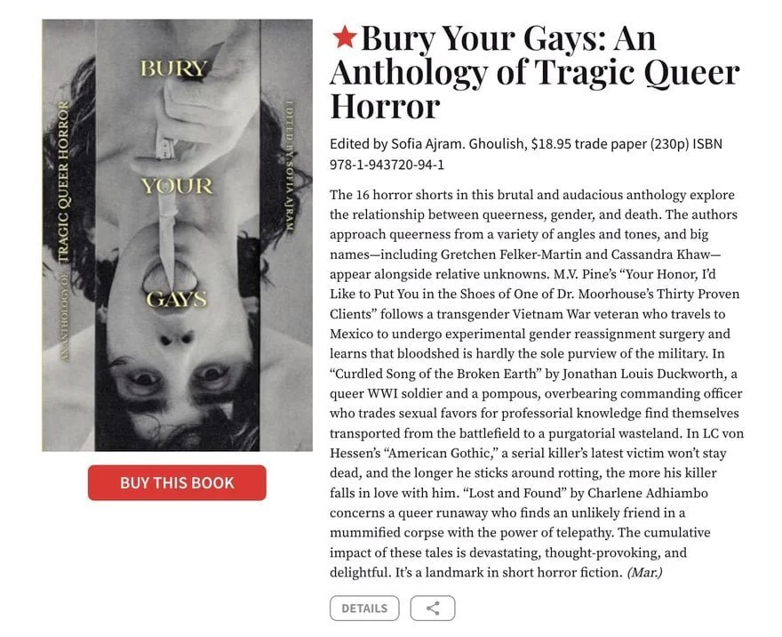Publishers Weekly Starred Review of Bury Your Gays: An Anthology of Tragic Queer Horror
