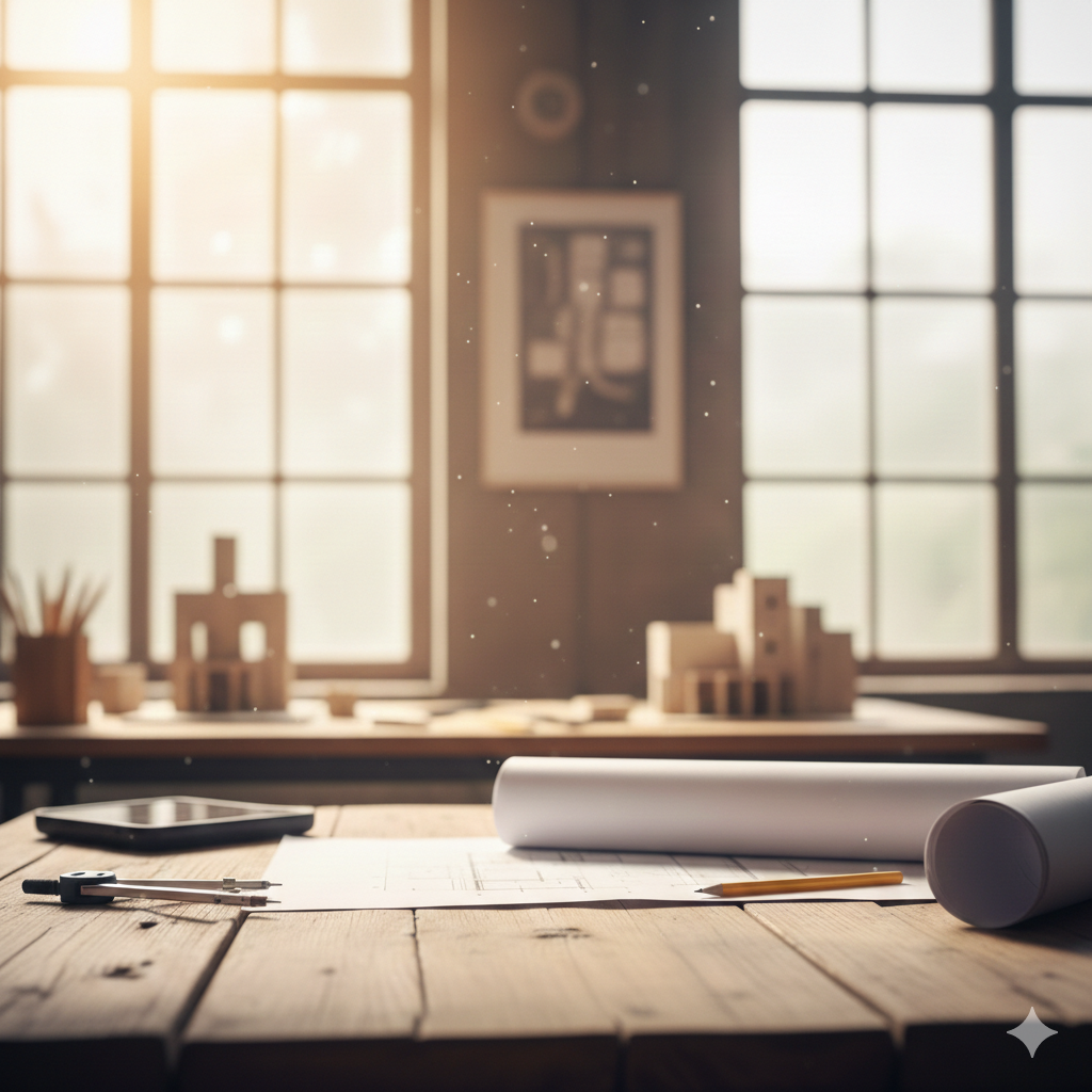 A well-lit workspace with large windows, a wooden table with rolled-up blueprints, a pencil, and a tablet, in a room with framed artwork and wooden models.