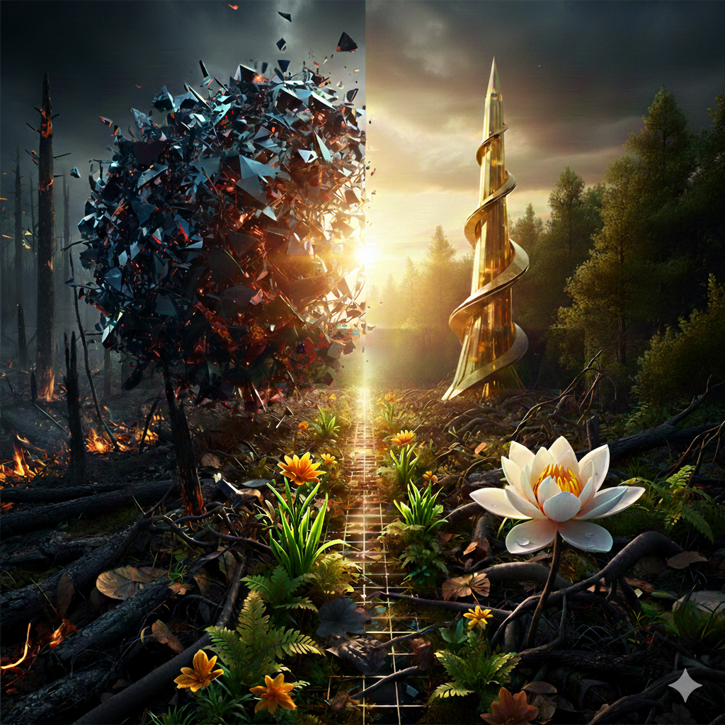 A surreal scene of a cracked, metallic sphere on fire on the left and a tall, spiraling glass tower on the right, with a glowing pathway in the middle, surrounded by flowers and trees under a stormy sky.