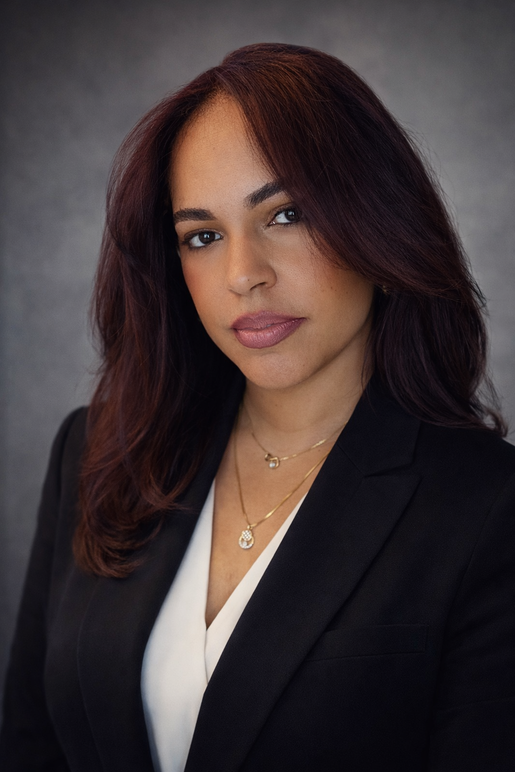 A woman with shoulder-length dark red hair, wearing a black blazer, white blouse, and layered gold necklaces, looking confidently into the camera against a gray background.