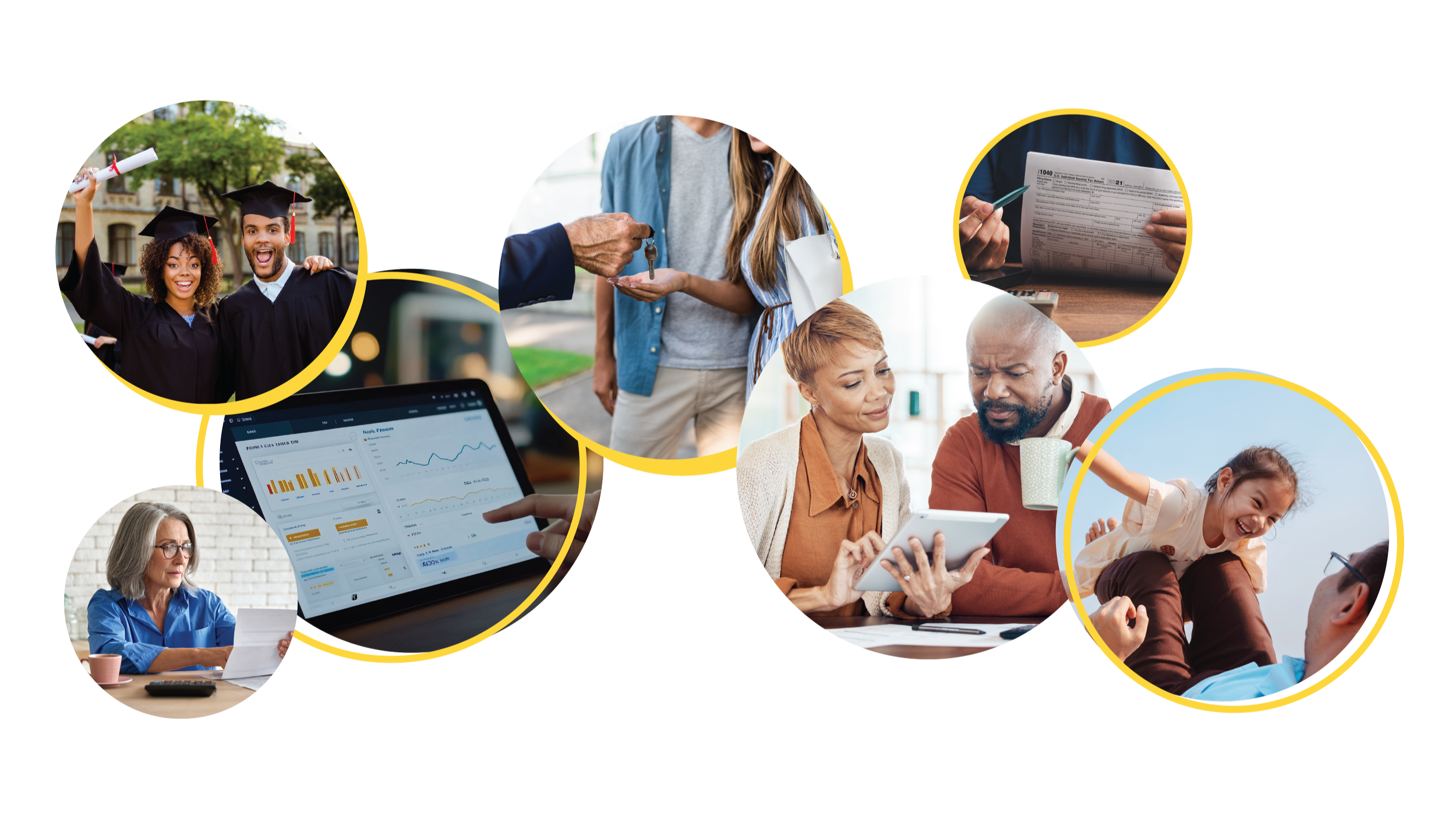 Collage of various scenes including graduation celebration, handing over keys, reading medical forms, analyzing financial data on a tablet, elderly woman reading, chatting with a woman on a tablet, smiling child playing, and a man and woman looking at a tablet together.