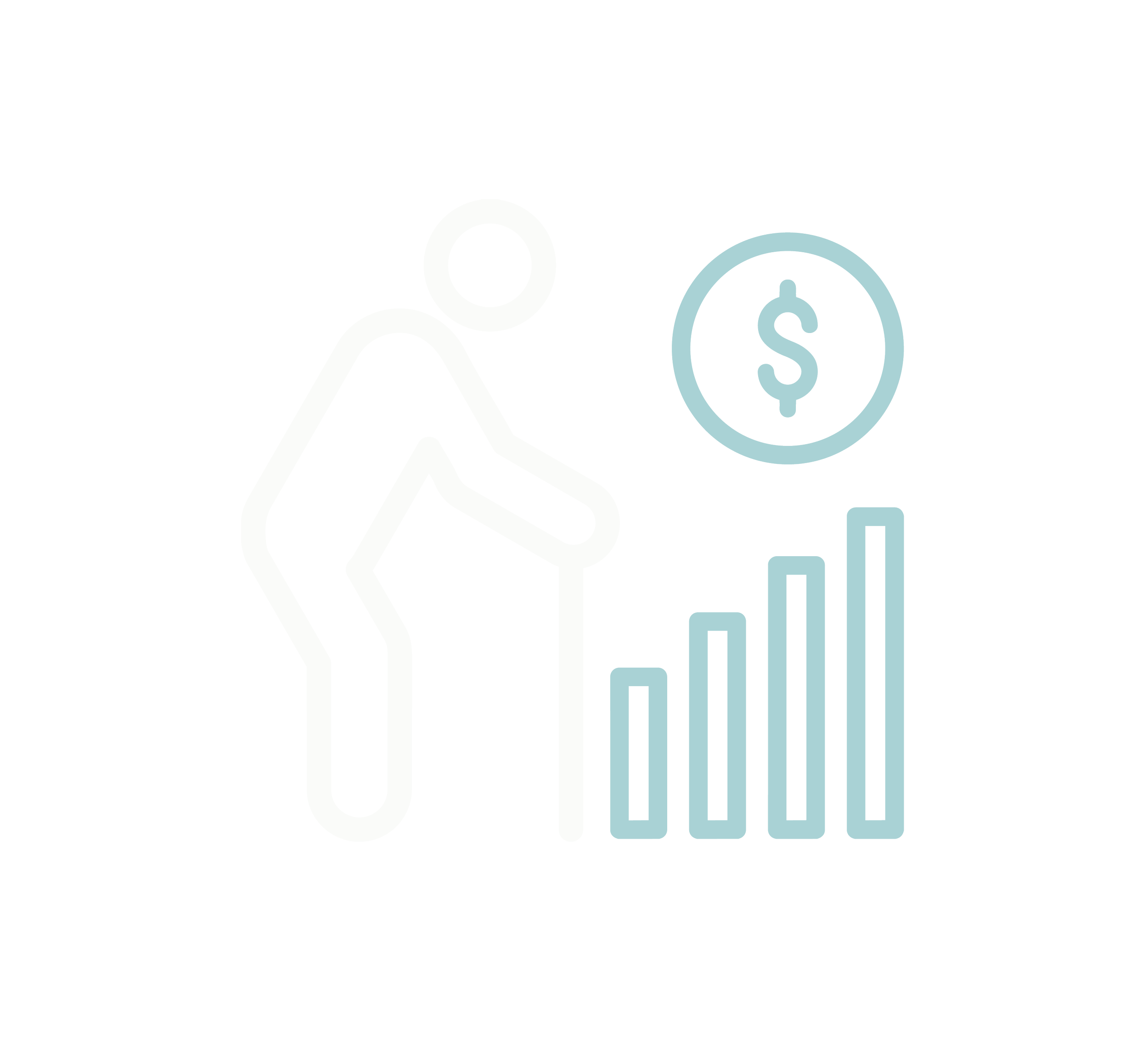 Outline of a person with a walking cane, a dollar sign circle, and ascending bar chart representing financial growth.
