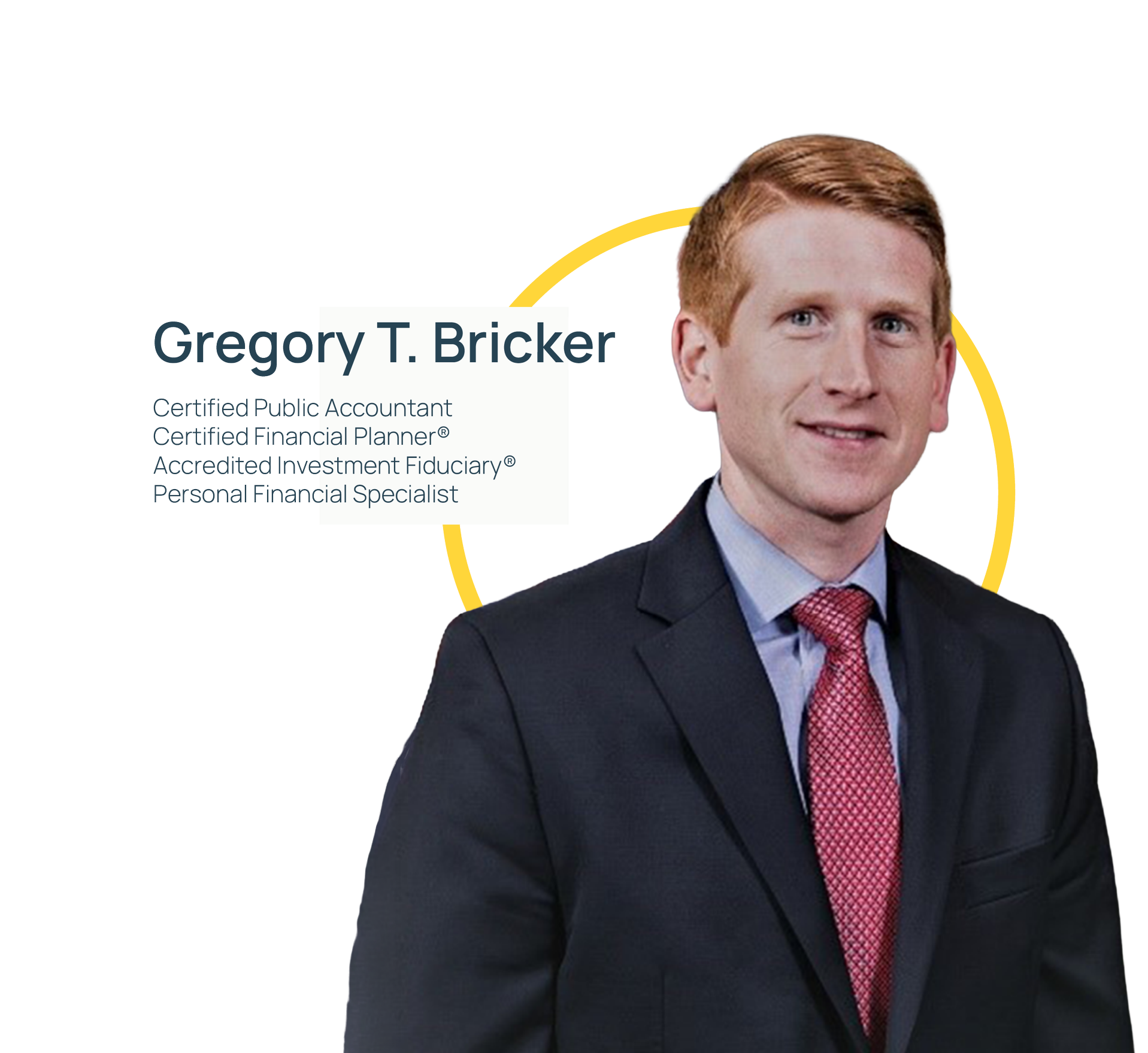 Professional headshot of Gregory T. Bricker wearing a suit and red tie, with text displaying his credentials and name.