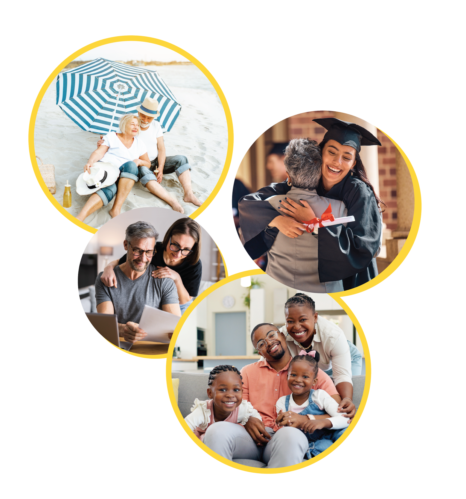 Collage of four diverse family and life milestone photos: elderly couple on the beach, young woman graduating and hugging an older woman, middle-aged couple reviewing documents, and a happy family of adults with children smiling on a couch.
