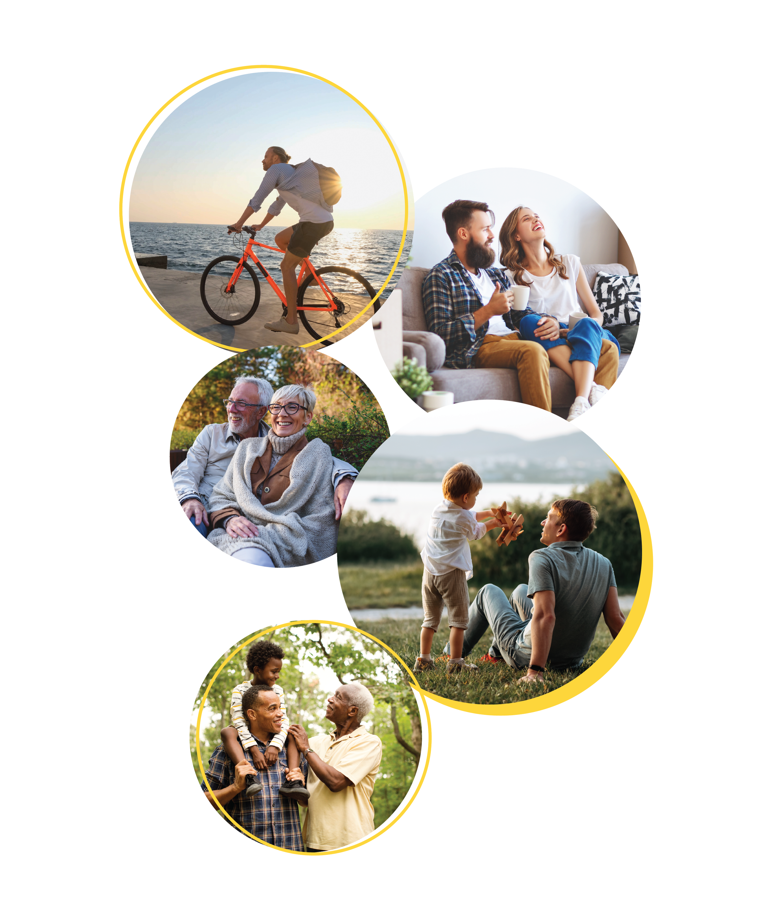 Collage of five people enjoying outdoor and indoor activities: a person riding a bicycle by the water at sunset, a couple sitting on a couch drinking coffee, an elderly couple outdoors smiling, a father and his child playing with a toy outdoors, and a man with a child on his shoulders in a park.