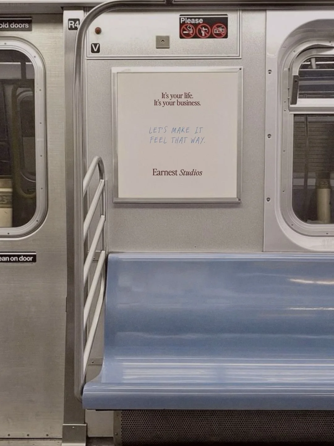 Mock up of print advertisement in a subway for Earnest Studios Creative and marketing strategic planning agency