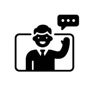 Line drawing of a person speaking in a video call, with a speech bubble containing three dots.