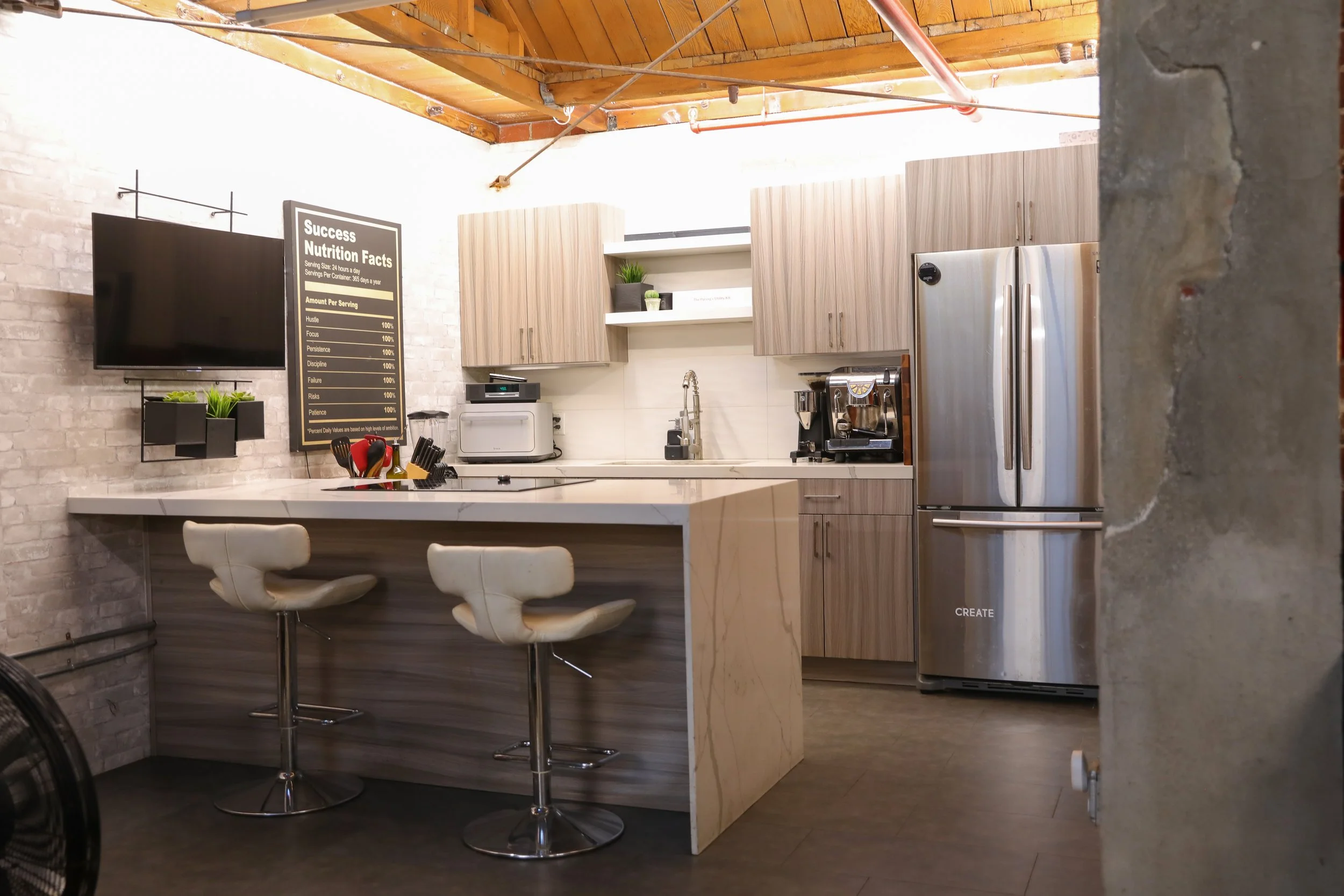 Modern kitchen set inside a private Los Angeles fitness studio designed for nutrition content, lifestyle filming, and professional content creation.