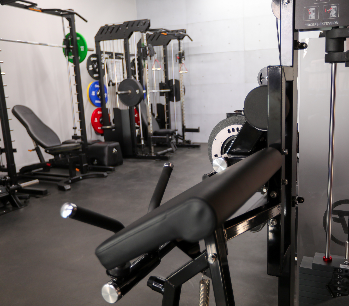 Empty gym with weightlifting equipment, including a bench, weight plates, and a leg curl machine, against a white wall.