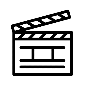 Outline of a movie clapperboard with a film strip on top, on a black background.