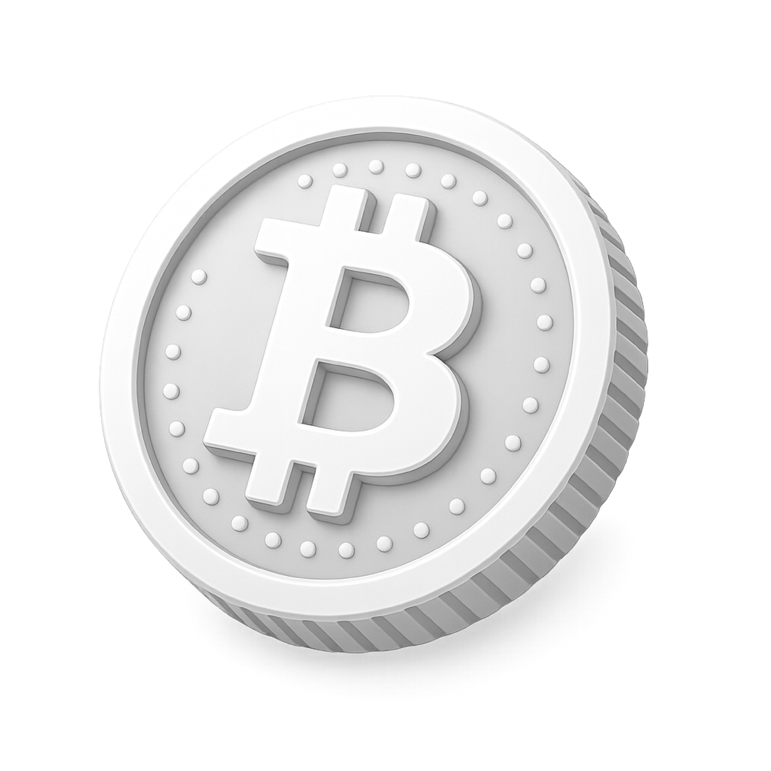 A silver Bitcoin coin with the Bitcoin logo on the front, viewed from an angle.