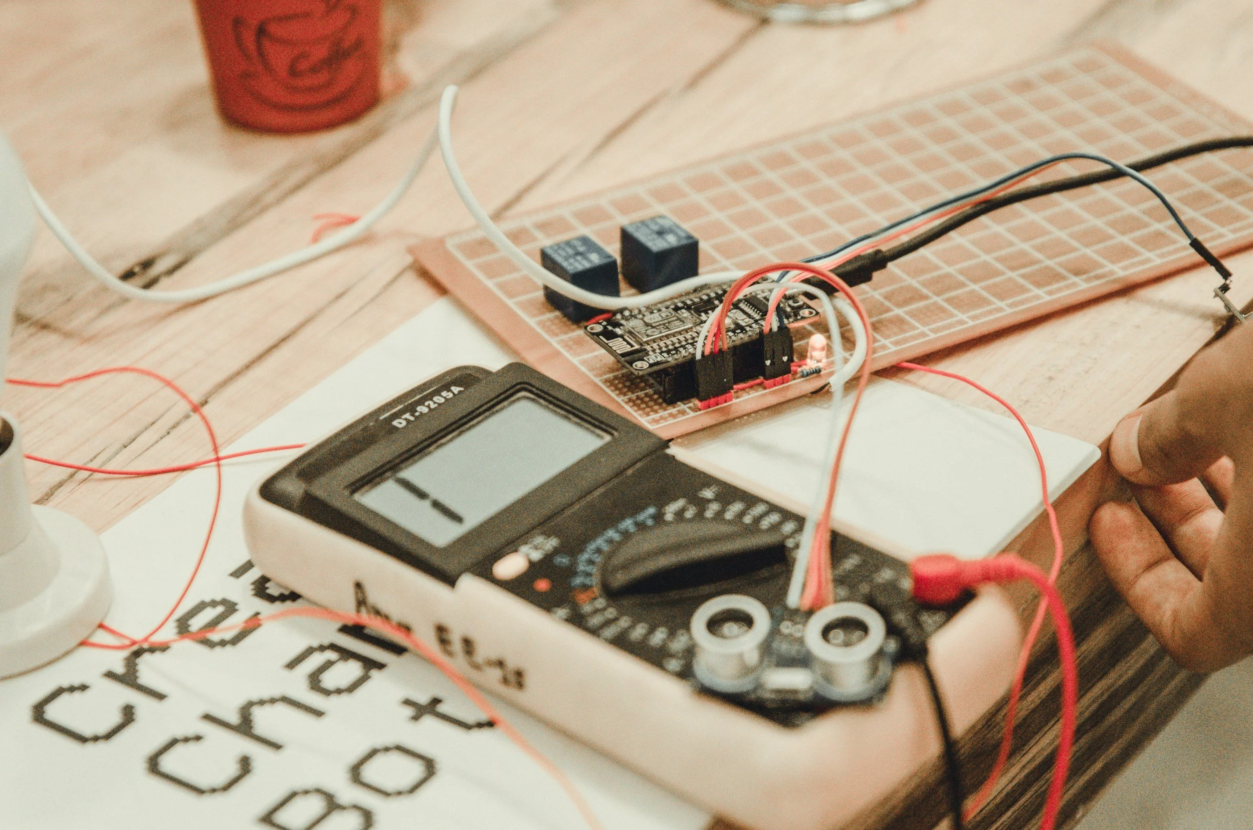 An electronics workbench with a multimeter, a breadboard, an Arduino microcontroller, and other electronic components connected by wires for a DIY electronics project.