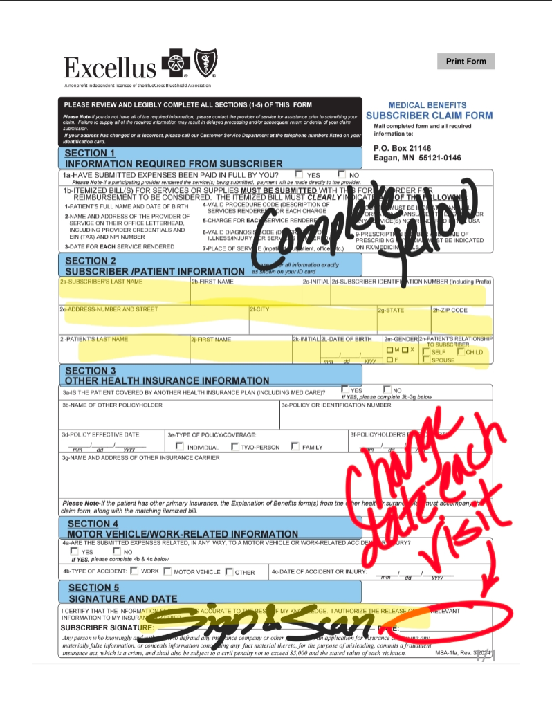 A filled-out healthcare form with sections for subscriber information, insurance details, vehicle-related info, and signatures. The form has handwritten notes in black, red, and yellow highlighter, with the person marking 'Driver's License' and 'date of birth' and adding annotations.