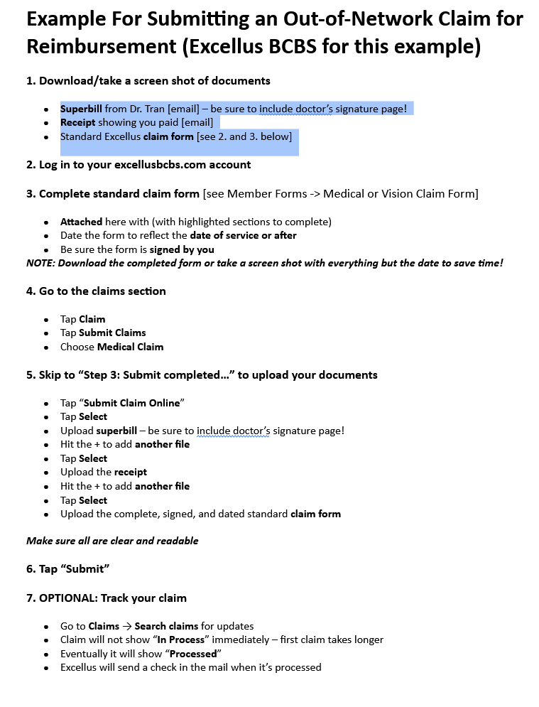A detailed step-by-step guide for submitting an out-of-network insurance reimbursement claim using an Excelus BCBS example, including downloading documents, logging into an account, completing and uploading claim forms, and tracking the claim.