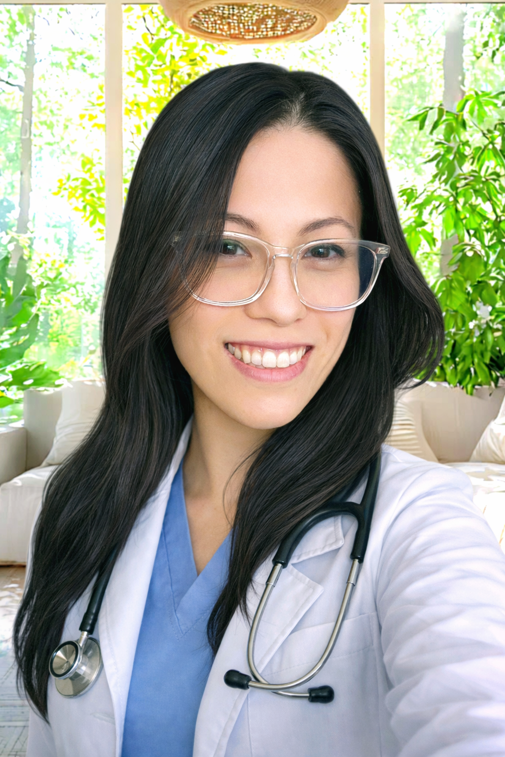A smiling female healthcare professional taking a selfie, wearing glasses, a white lab coat, and blue scrubs with a stethoscope around her neck, in a bright room with greenery outside the window.