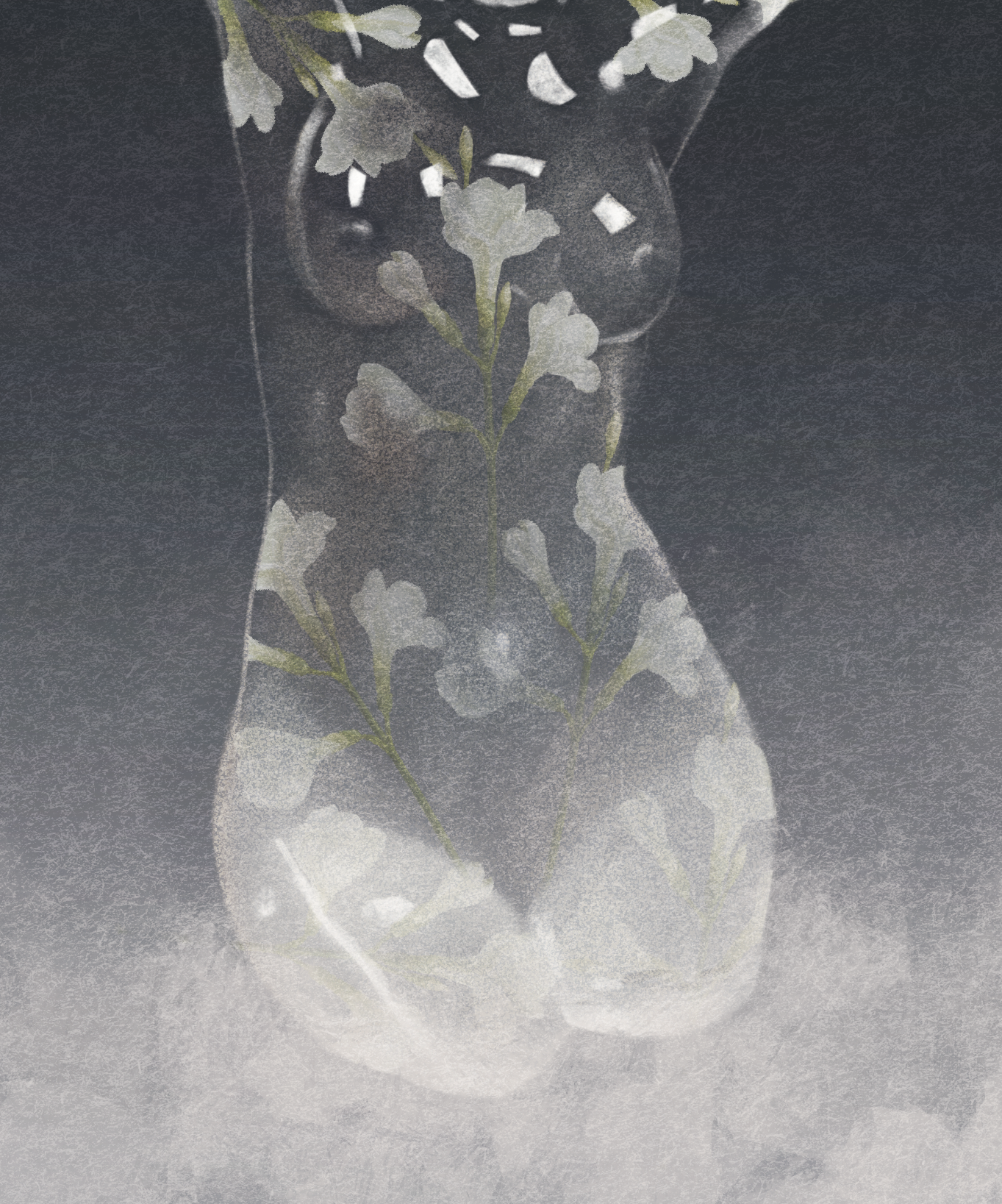 An artistic, semi-transparent glass container with white flower patterns, containing a plant with green stems and white flowers, against a dark background.