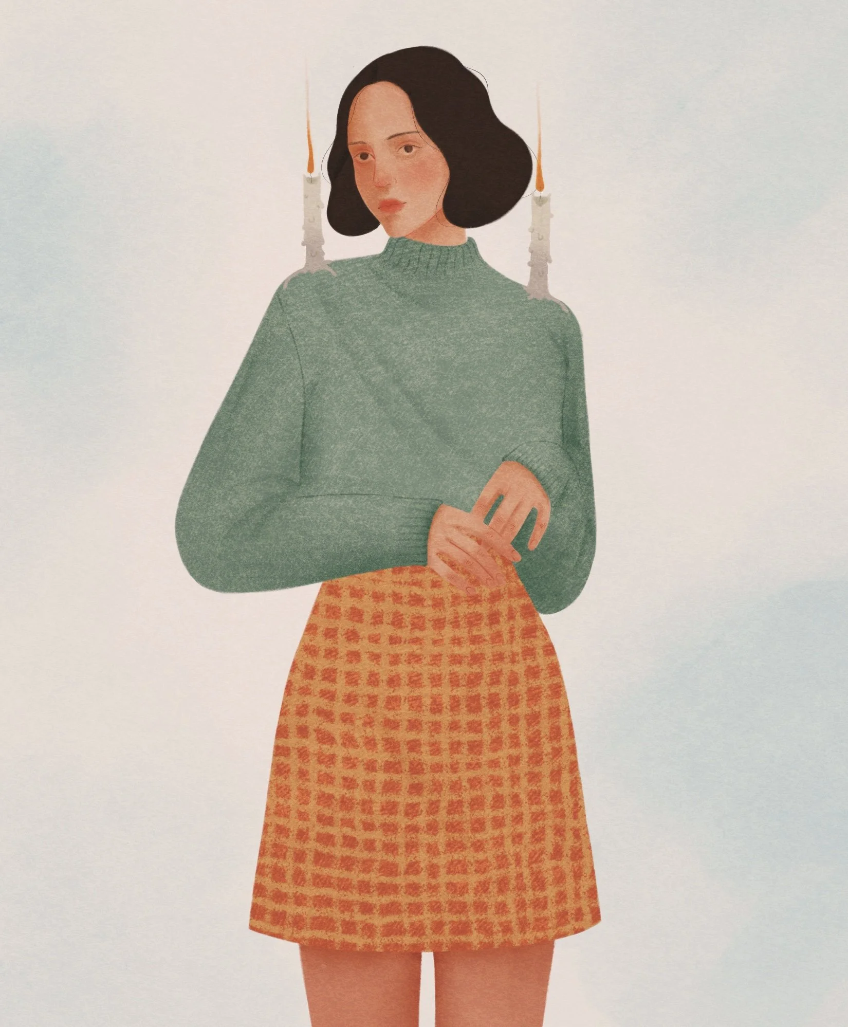 An illustrated woman with dark hair wearing a green sweater and a checkered orange skirt, standing with hands clasped, with two candles behind her.