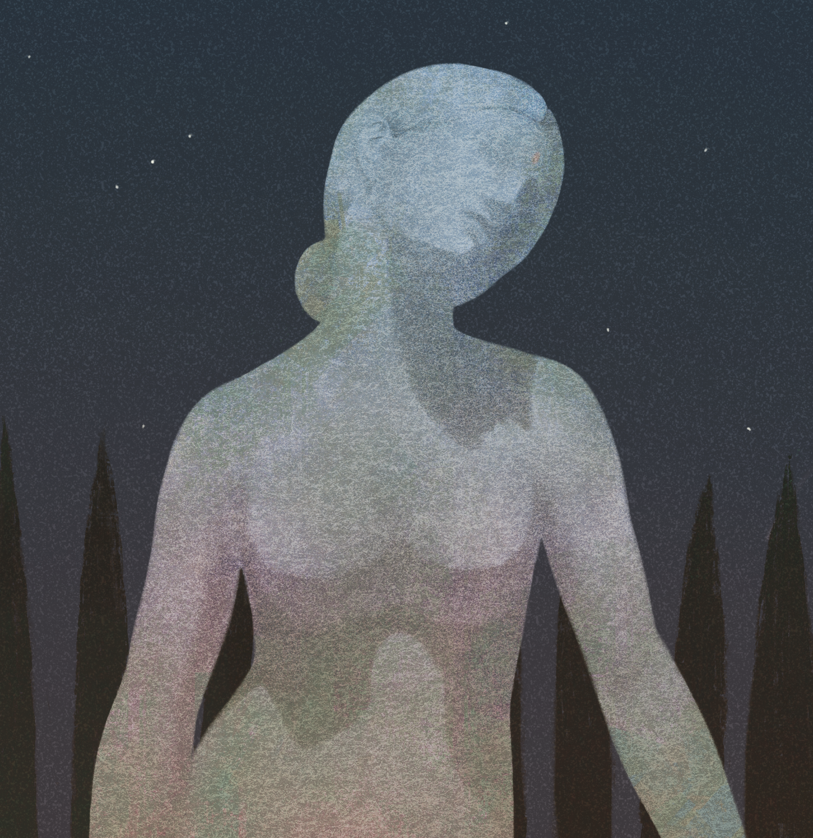 An artistic depiction of a nude woman with her face tilted downward, set against a starry night sky with cypress trees in the background.