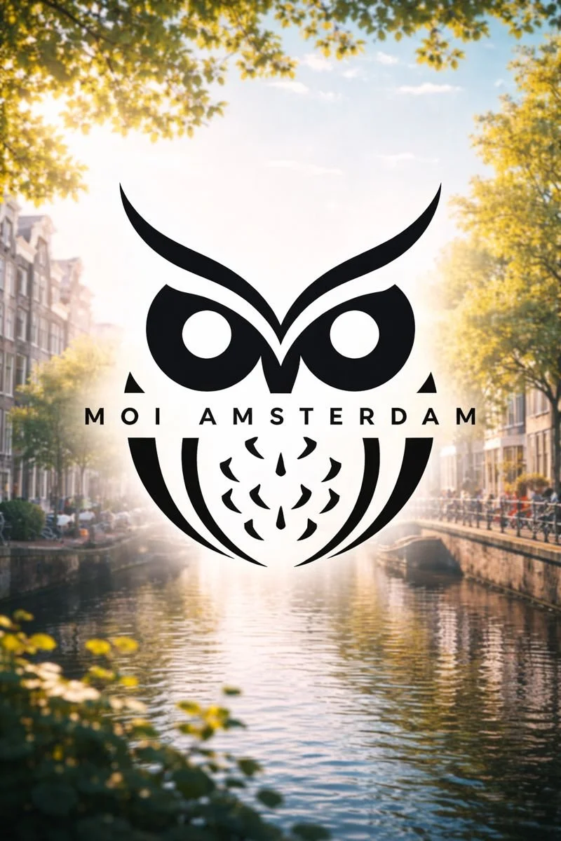 Stylized black owl logo with the text 'Moi Amsterdam' beneath it, set against a blurred background of a canal in Amsterdam with trees and buildings.