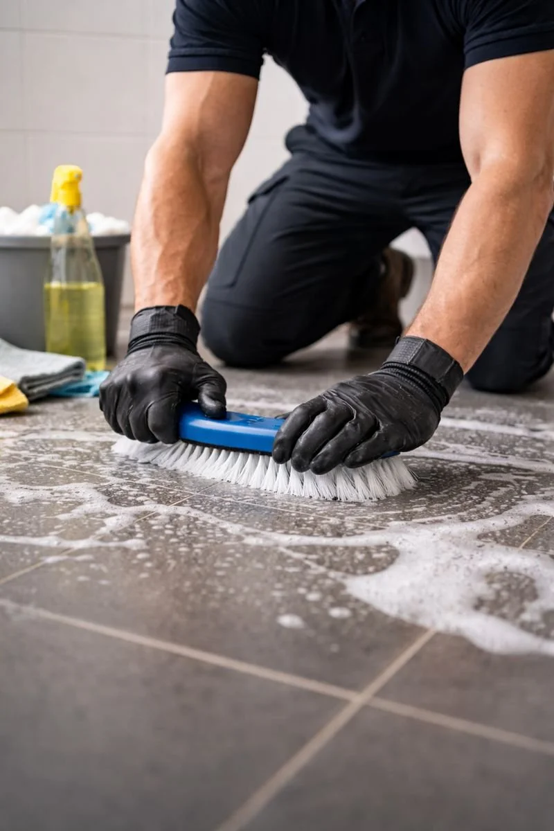 Person cleaning a tiled floor with a scrub brush, wearing black gloves.