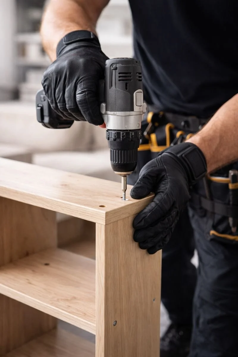 A person wearing black gloves is assembling or repairing a wooden furniture piece using a cordless power drill in a workshop.