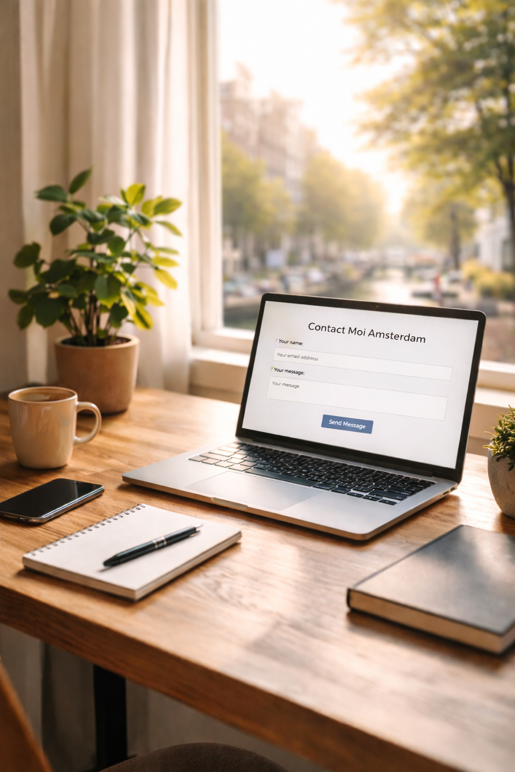 A laptop on a wooden desk displaying a contact form titled 'Contact Moi Amsterdam', with a cup of coffee, a smartphone, a notepad with a pen, and a potted plant near a window showing a riverside street scene.