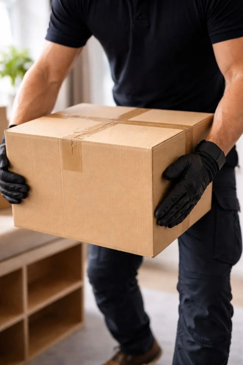 Person wearing black gloves holding a cardboard box indoors.