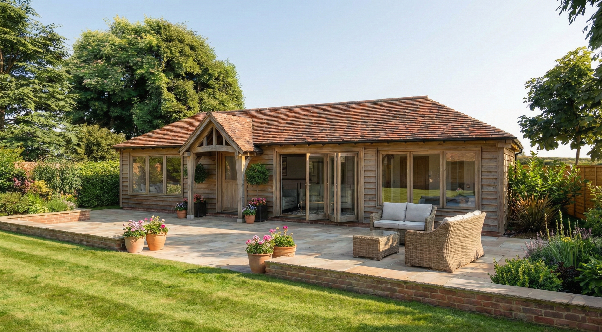 Exterior corner detail of a handcrafted oak annexe showing the quality of the timber joints and weatherboarding