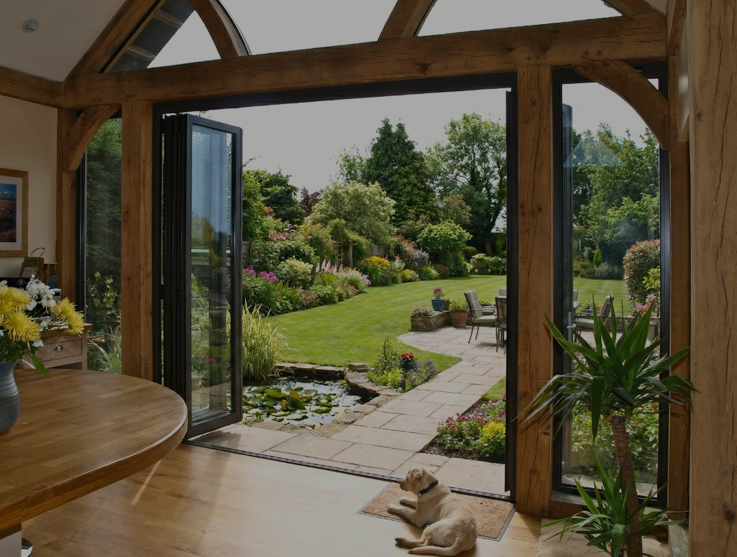 Interior of a modern oak framed annexe showing vaulted ceilings and natural timber beams