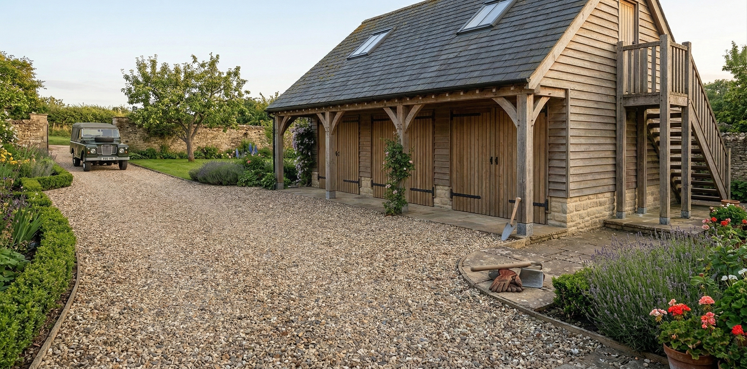 Bespoke three-bay oak garage with a room above in a scenic rural countryside setting.