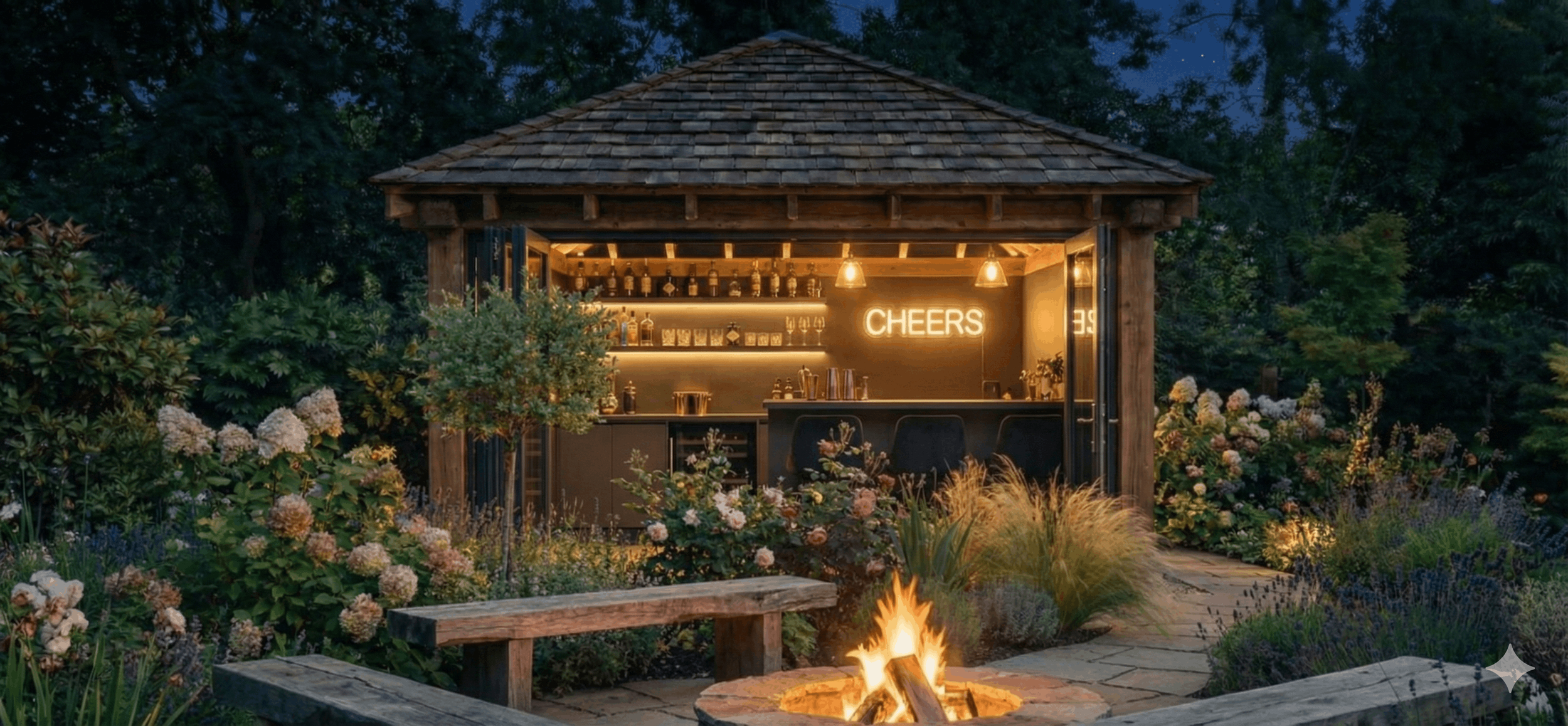A small outdoor bar with a wooden roof, lit by warm lights, with a neon sign saying 'CHEERS'. There is a firepit with a small fire in front, surrounded by lush garden plants and flowers, with a stone pathway leading to the bar.