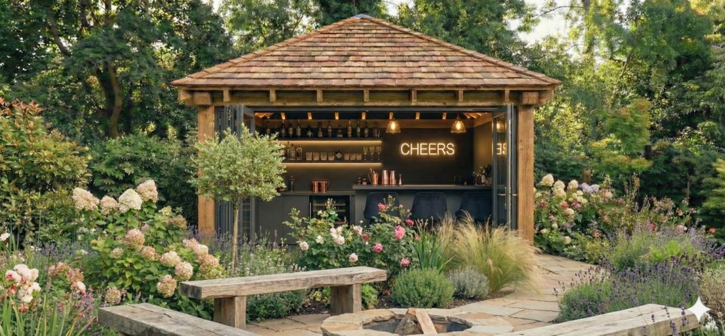 A small outdoor bar with a shingled roof, surrounded by lush greenery and colorful flowers, featuring a neon sign that says 'CHEERS' and a pathway leading to it.