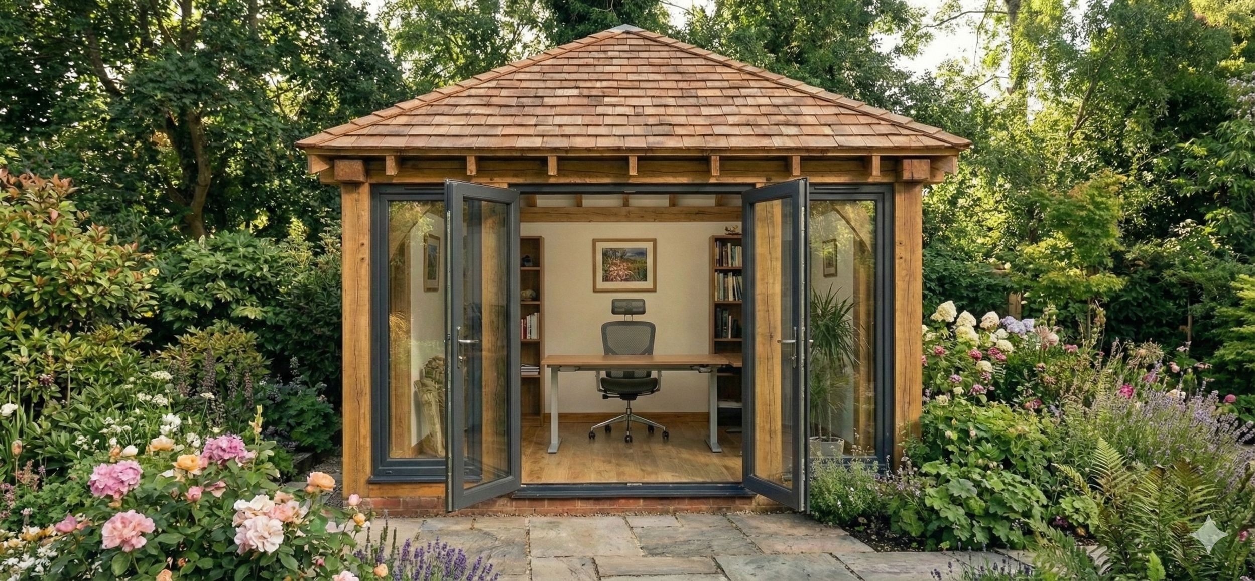 A wooden garden office shed with open glass doors, surrounded by lush green trees and flowering plants.