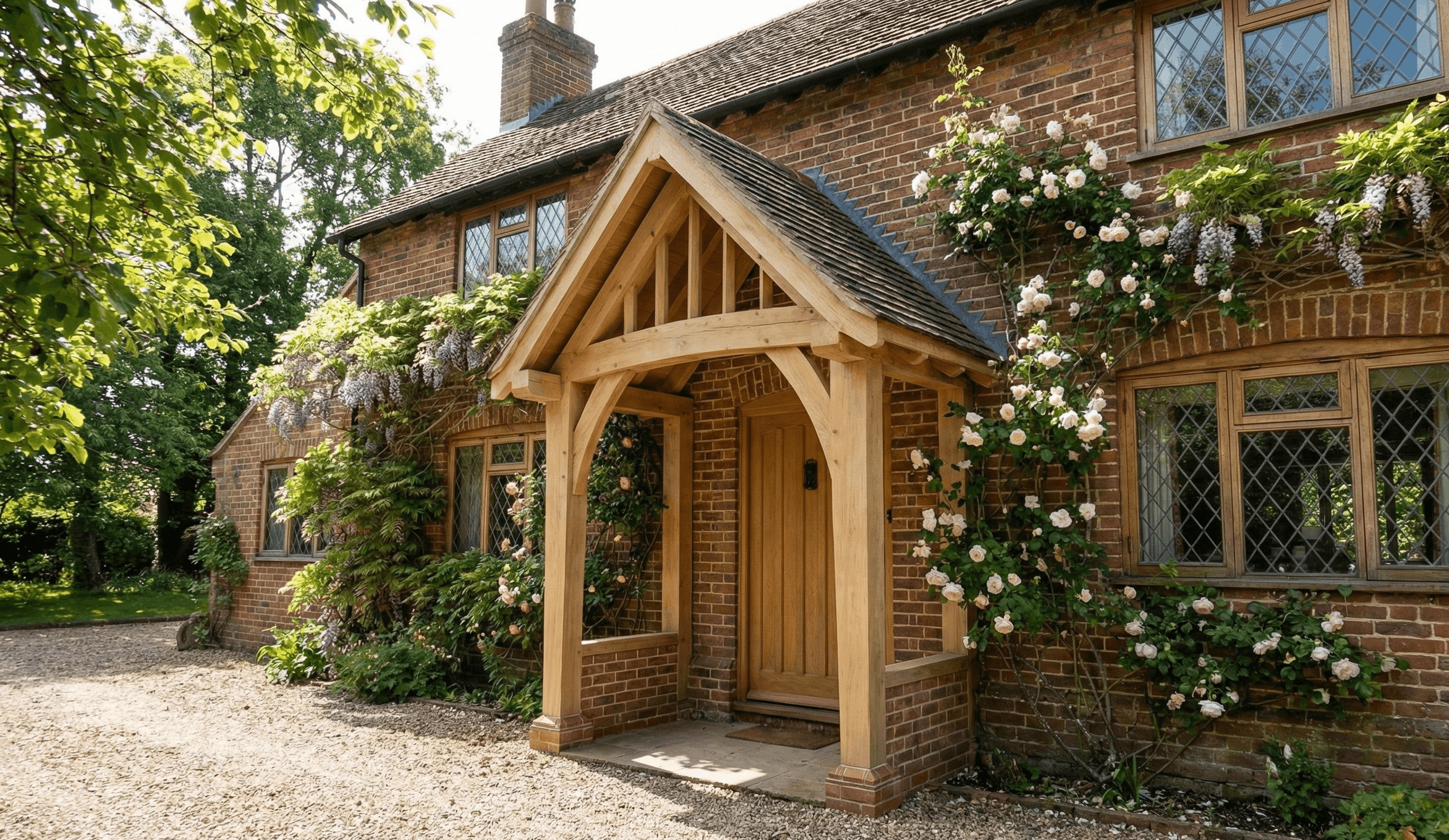 A brick house with diamond-pane windows and a wooden door, surrounded by flowering climbing plants and trees, with a gravel path in front.