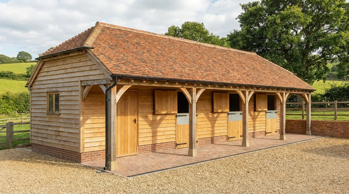 A wooden stable with a tiled roof and four horse stalls, situated in a rural setting with green fields and trees in the background.