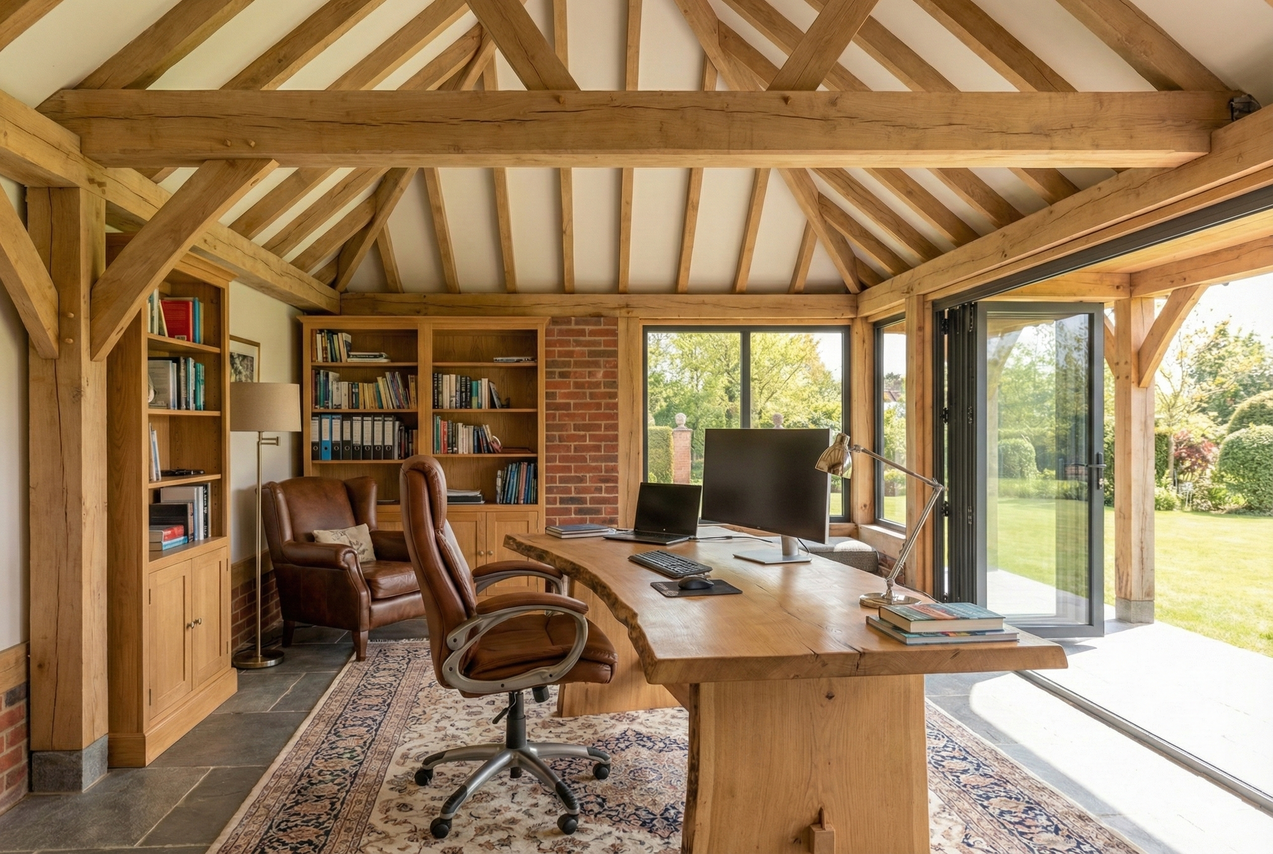 Interior of an oak framed home office with large windows, leather seating, and custom bookshelves