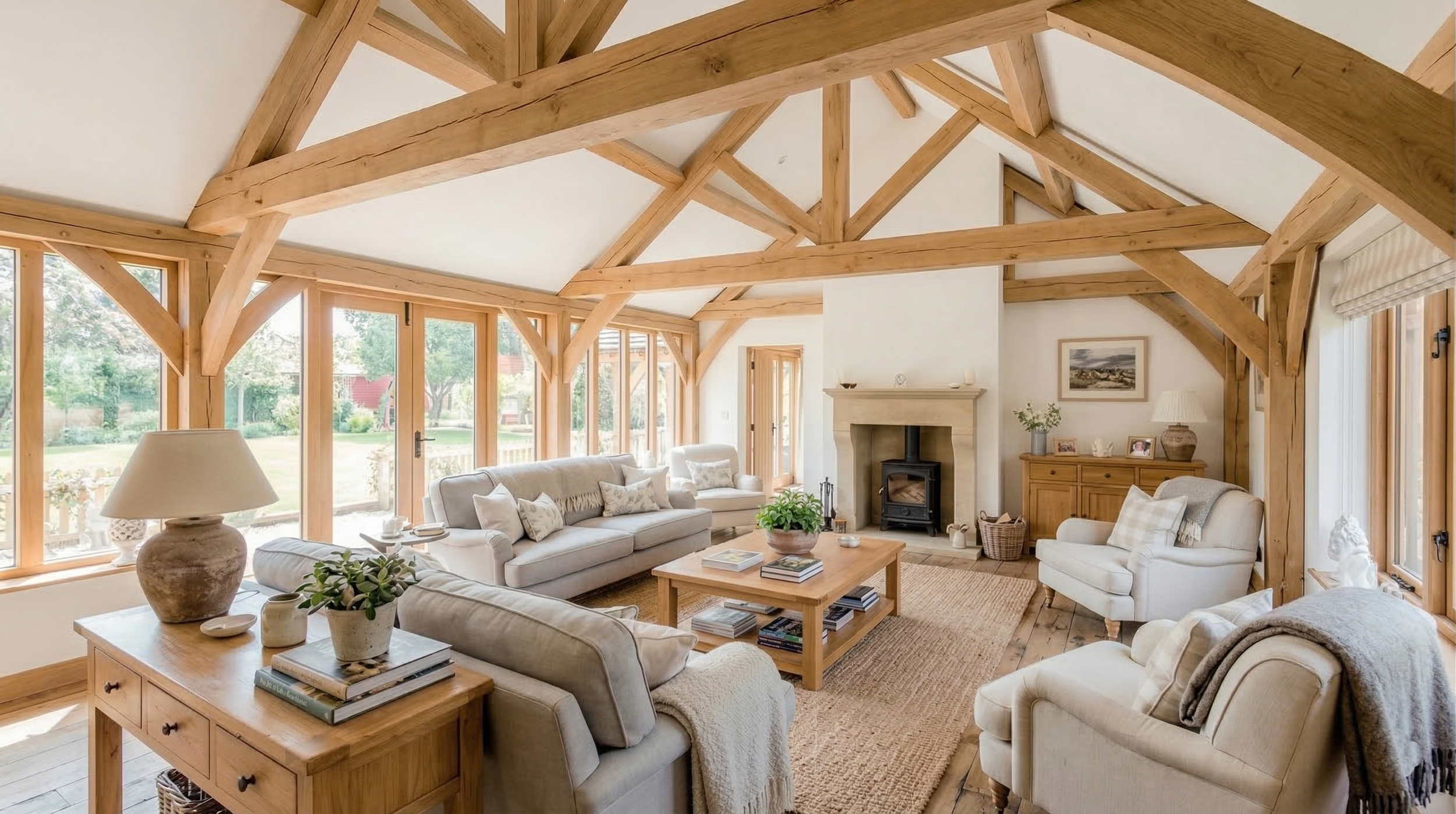 Interior view of a beautiful oak framed annexe lounge in Taunton, Somerset, showing natural wood beams.