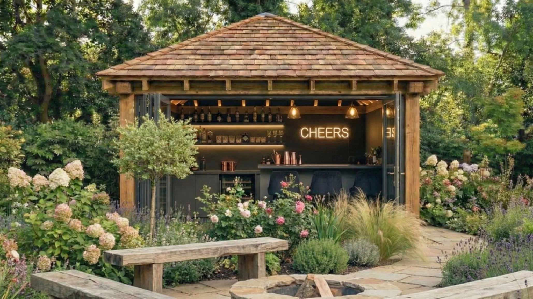 A small outdoor bar with a shingled roof, lit with warm lights, surrounded by colorful flowers and greenery, featuring a neon sign that says 'CHEERS' inside.