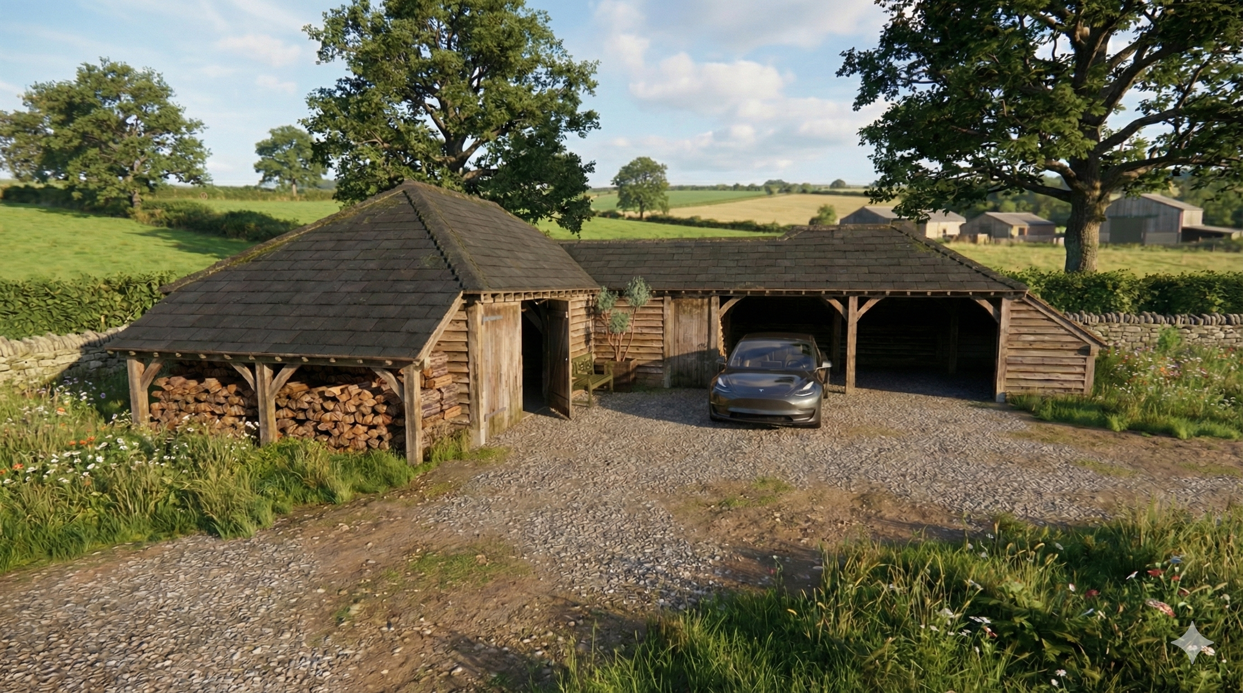 A rustic countryside scene showing a wooden garage with a Tesla car parked inside one of its bays, surrounded by green fields and trees.