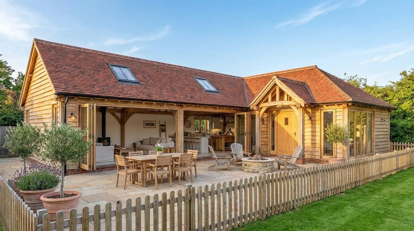 A charming backyard with a wooden deck, outdoor dining table, lounge chairs around a fire pit, and a partially covered patio attached to a house with a tiled roof and large windows.